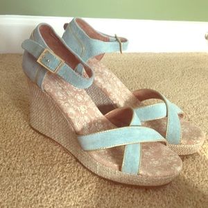 Tiffany blue and gold Toms wedges